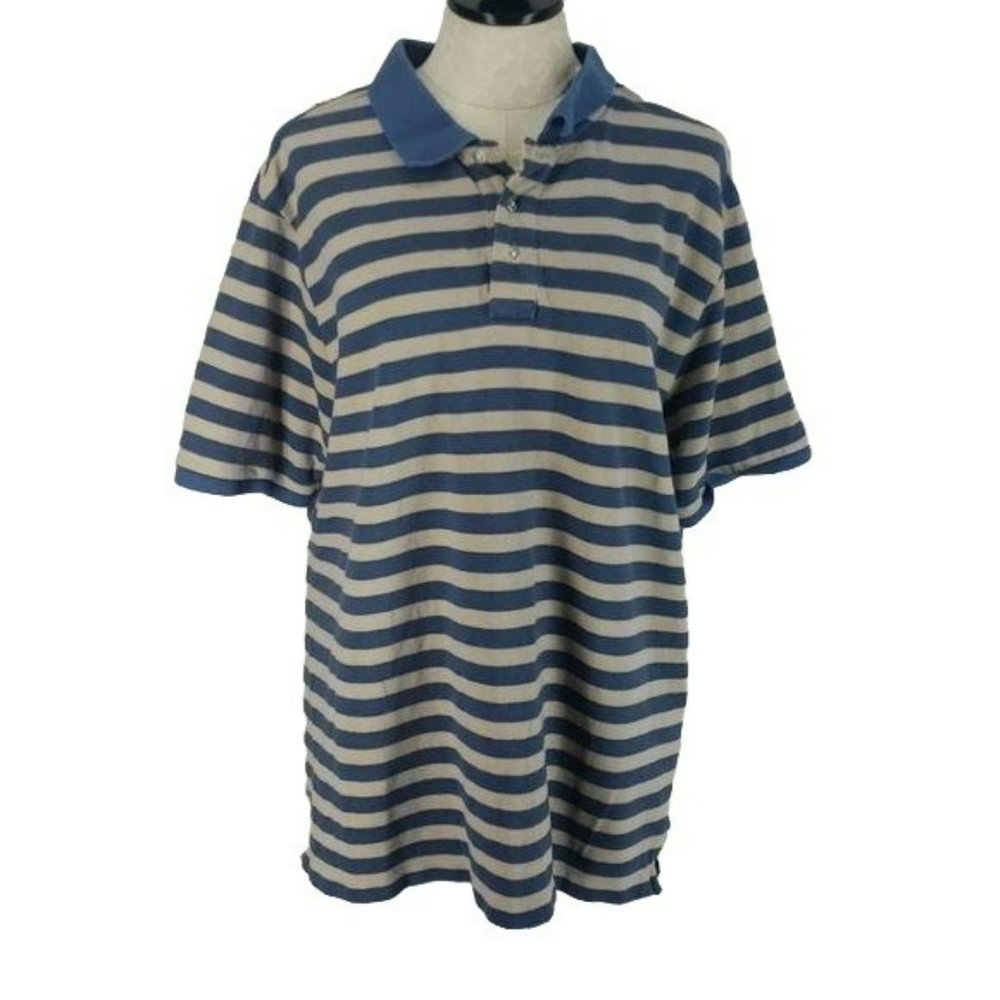 PBX Basics Men's Blue & Tan Striped Polo Shirt‎ Size Large